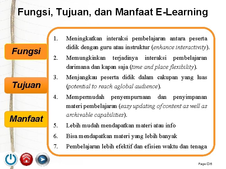 Fungsi, Tujuan, dan Manfaat E-Learning Fungsi Tujuan Manfaat 1. Meningkatkan interaksi pembelajaran antara peserta
