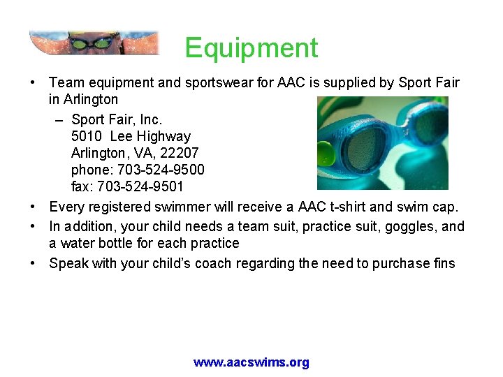 Equipment • Team equipment and sportswear for AAC is supplied by Sport Fair in