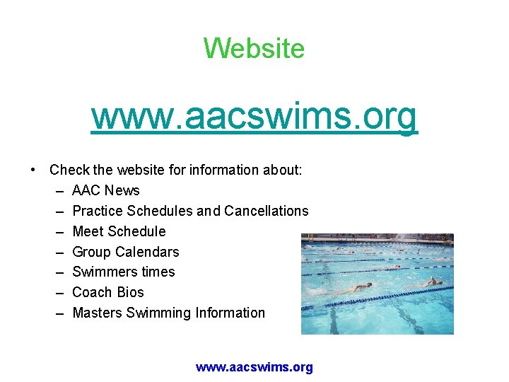 Website www. aacswims. org • Check the website for information about: – AAC News