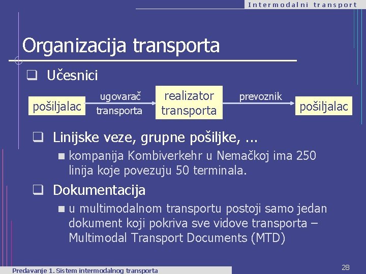 Intermodalni transport Organizacija transporta q Učesnici pošiljalac ugovarač transporta realizator transporta prevoznik pošiljalac q