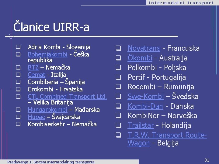 Intermodalni transport Članice UIRR-a q q q q q Adria Kombi - Slovenija Bohemiakombi