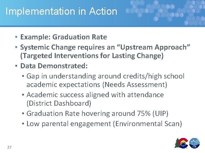 Implementation in Action ▪ Example: Graduation Rate ▪ Systemic Change requires an “Upstream Approach”