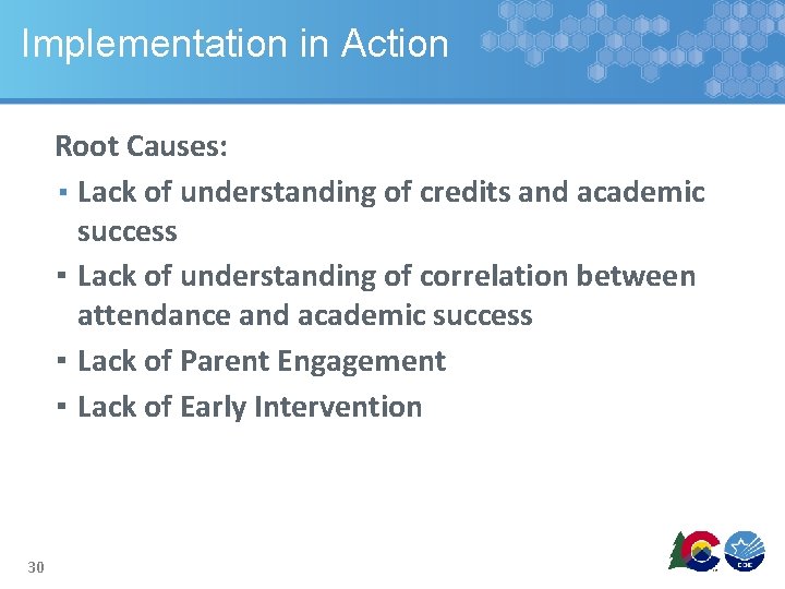 Implementation in Action Root Causes: ▪ Lack of understanding of credits and academic success