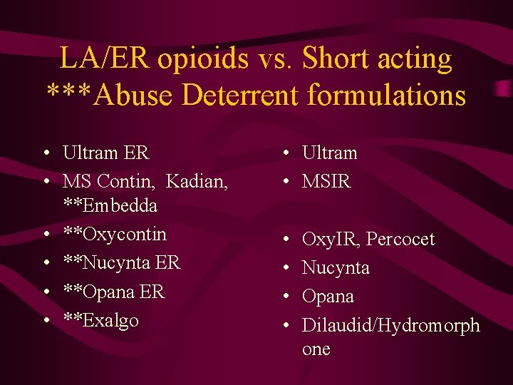 LA/ER opioids vs. Short acting ***Abuse Deterrent formulations • Ultram ER • MS Contin,