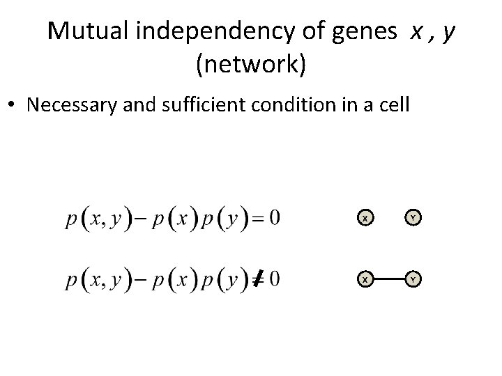 Mutual independency of genes x , y (network) • Necessary and sufficient condition in