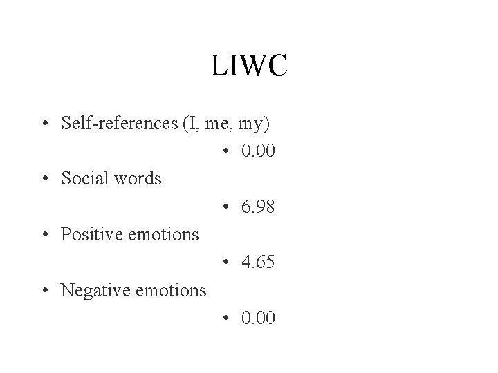 LIWC • Self-references (I, me, my) • 0. 00 • Social words • 6.