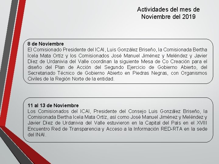 Actividades del mes de Noviembre del 2019 8 de Noviembre El Comisionado Presidente del