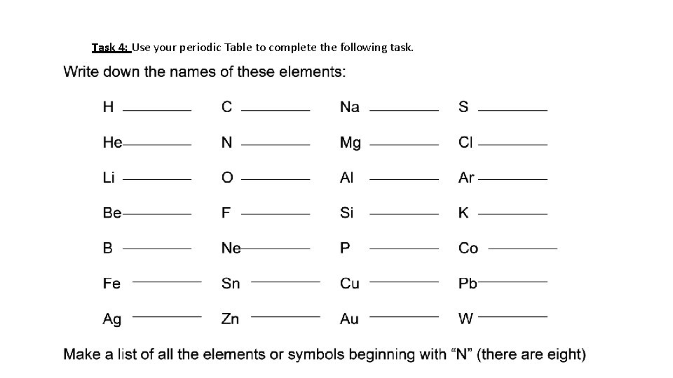 Task 4: Use your periodic Table to complete the following task. 