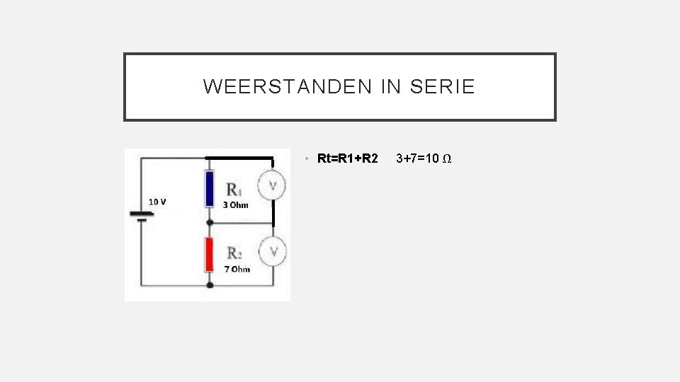 WEERSTANDEN IN SERIE • Rt=R 1+R 2 3+7=10 Ω 