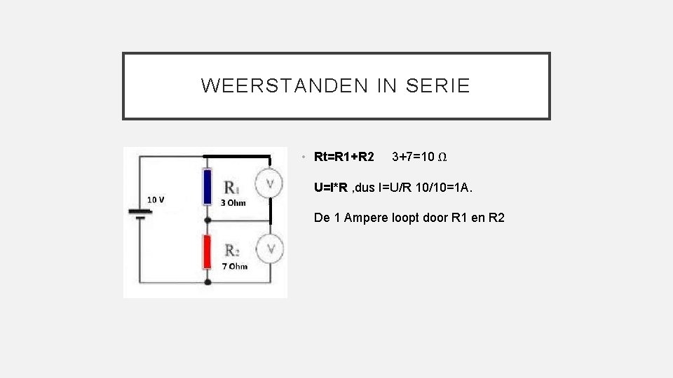 WEERSTANDEN IN SERIE • Rt=R 1+R 2 3+7=10 Ω U=I*R , dus I=U/R 10/10=1