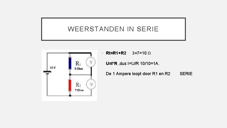 WEERSTANDEN IN SERIE • Rt=R 1+R 2 3+7=10 Ω U=I*R , dus I=U/R 10/10=1