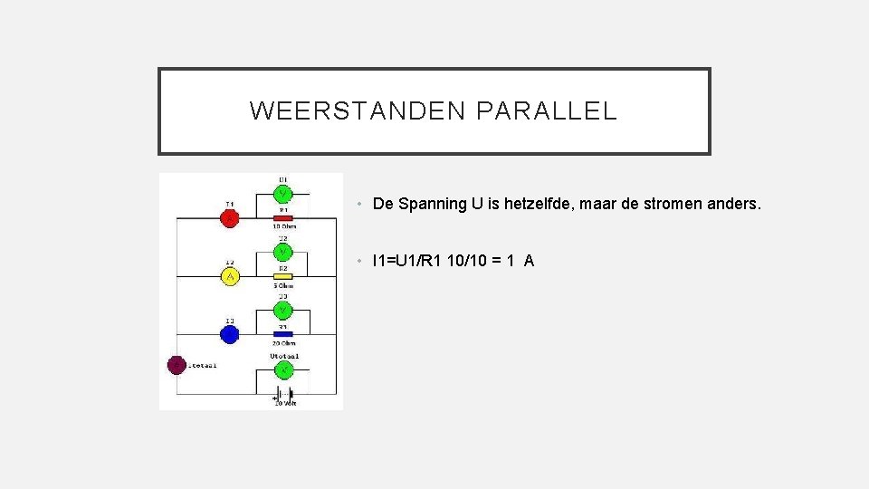 WEERSTANDEN PARALLEL • De Spanning U is hetzelfde, maar de stromen anders. • I