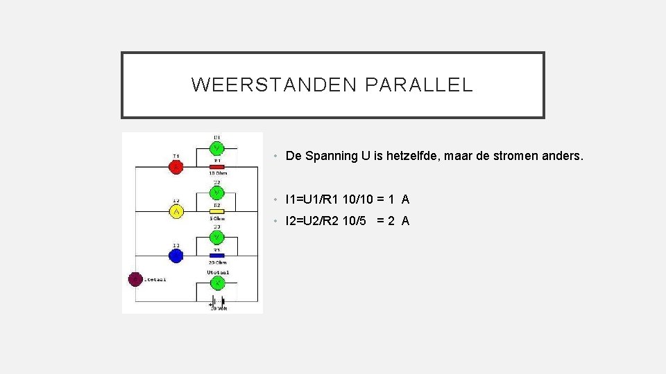 WEERSTANDEN PARALLEL • De Spanning U is hetzelfde, maar de stromen anders. • I