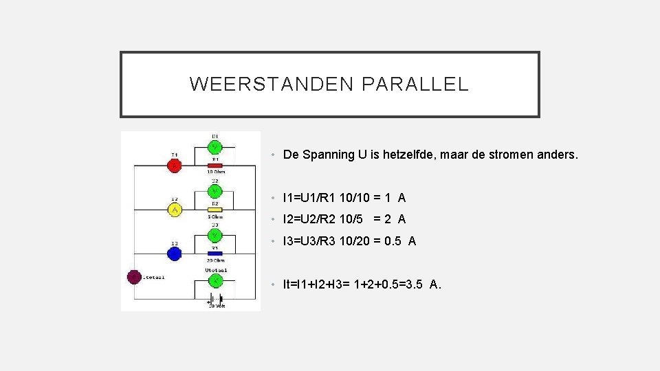 WEERSTANDEN PARALLEL • De Spanning U is hetzelfde, maar de stromen anders. • I