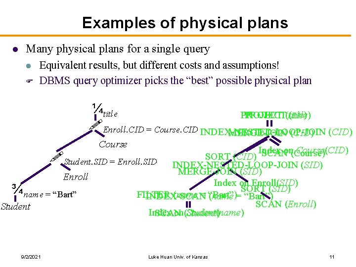 Examples of physical plans l Many physical plans for a single query l F