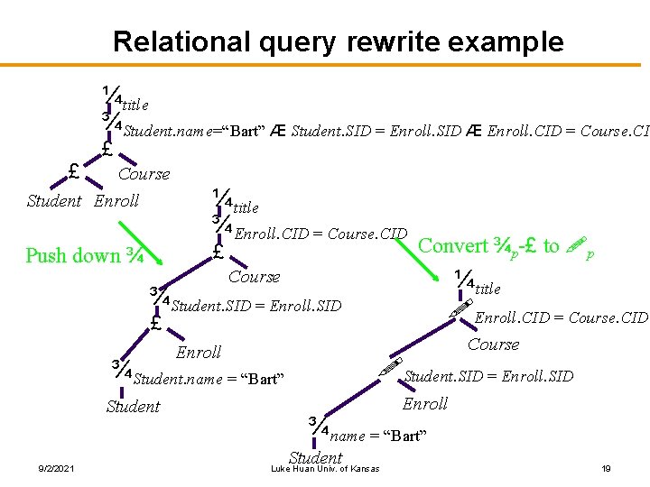 Relational query rewrite example ¼title ¾Student. name=“Bart” Æ Student. SID = Enroll. SID Æ