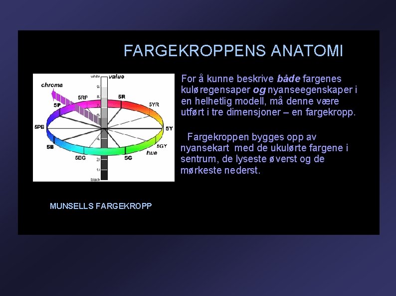 FARGEKROPPENS ANATOMI For å kunne beskrive både fargenes kuløregensaper og nyanseegenskaper i en helhetlig