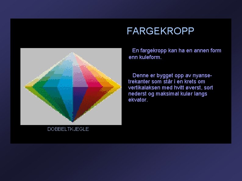 FARGEKROPP En fargekropp kan ha en annen form enn kuleform. Denne er bygget opp