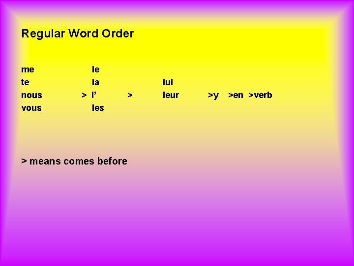 Regular Word Order me te nous vous le la > l’ les > >