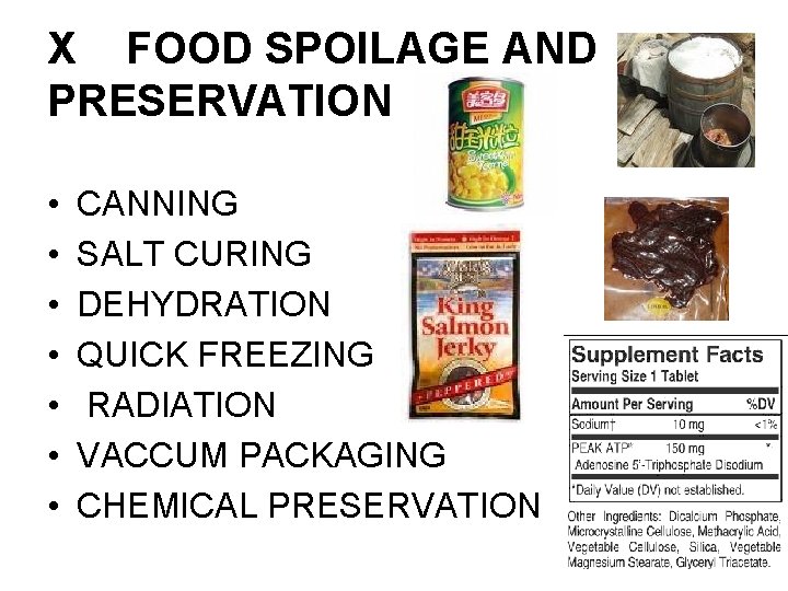 X FOOD SPOILAGE AND PRESERVATION • • CANNING SALT CURING DEHYDRATION QUICK FREEZING RADIATION