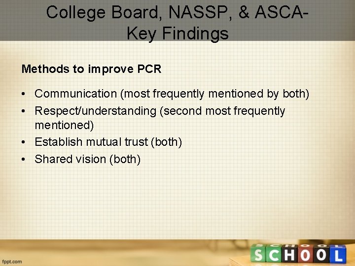 College Board, NASSP, & ASCAKey Findings Methods to improve PCR • Communication (most frequently