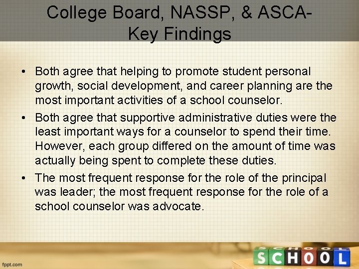 College Board, NASSP, & ASCAKey Findings • Both agree that helping to promote student