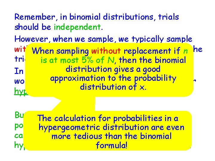 Remember, in binomial distributions, trials should be independent. However, when we sample, we typically