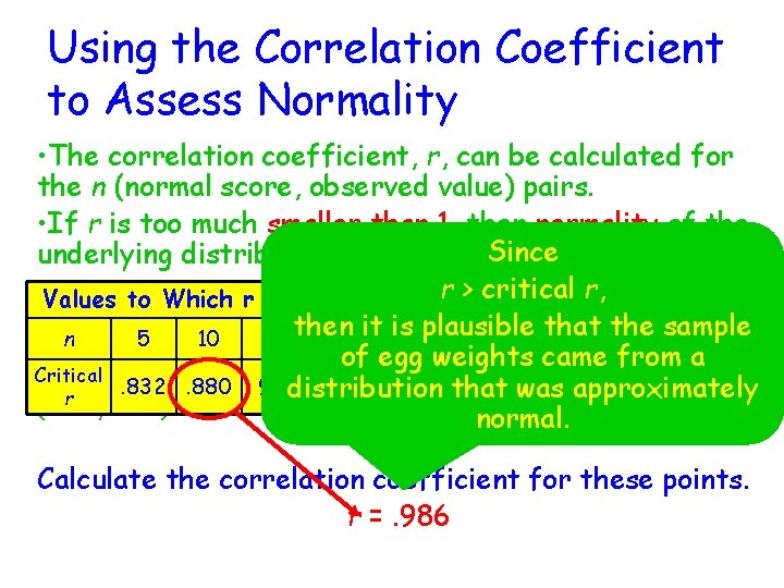 Using the Correlation Coefficient to Assess Normality • The correlation coefficient, r, can be