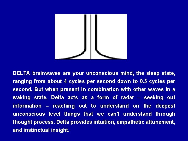 DELTA brainwaves are your unconscious mind, the sleep state, ranging from about 4 cycles