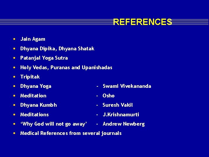 REFERENCES • • • Jain Agam Dhyana Dipika, Dhyana Shatak Patanjal Yoga Sutra Holy