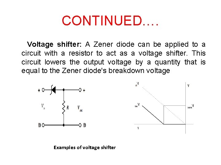 CONTINUED…. Voltage shifter: A Zener diode can be applied to a circuit with a CONTINUED…. Voltage shifter: A Zener diode can be applied to a circuit with a
