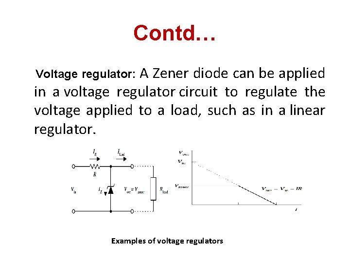 Contd… A Zener diode can be applied in a voltage regulator circuit to regulate Contd… A Zener diode can be applied in a voltage regulator circuit to regulate