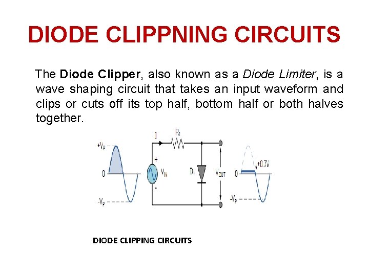 DIODE CLIPPNING CIRCUITS The Diode Clipper, also known as a Diode Limiter, is a DIODE CLIPPNING CIRCUITS The Diode Clipper, also known as a Diode Limiter, is a
