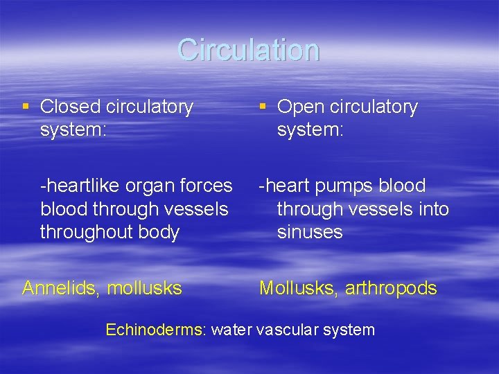 Circulation § Closed circulatory system: -heartlike organ forces blood through vessels throughout body Annelids, Circulation § Closed circulatory system: -heartlike organ forces blood through vessels throughout body Annelids,
