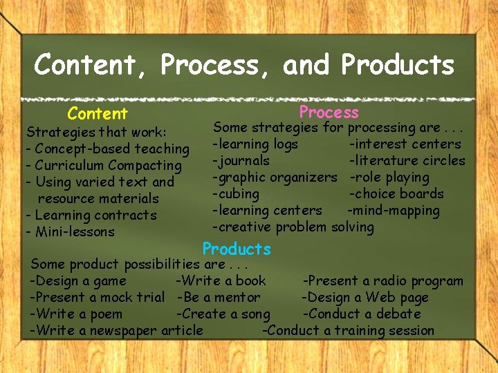 Content, Process, and Products Content Strategies that work: - Concept-based teaching - Curriculum Compacting Content, Process, and Products Content Strategies that work: - Concept-based teaching - Curriculum Compacting