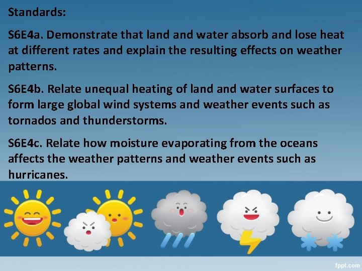 Standards: S 6 E 4 a. Demonstrate that land water absorb and lose heat
