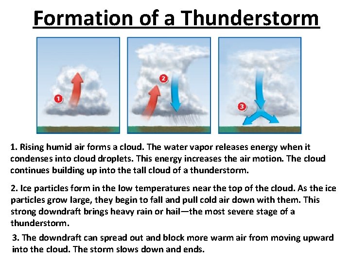 Formation of a Thunderstorm 1. Rising humid air forms a cloud. The water vapor