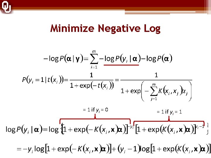 Minimize Negative Log = 1 if yi = 0 = 1 if yi =