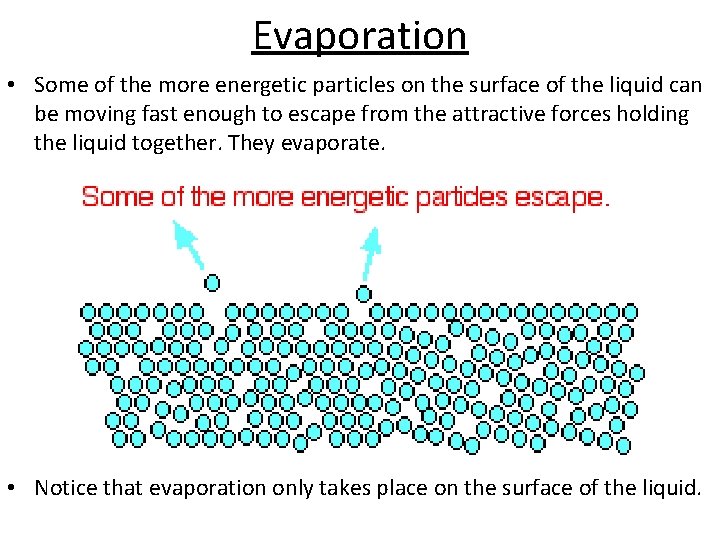 Evaporation • Some of the more energetic particles on the surface of the liquid