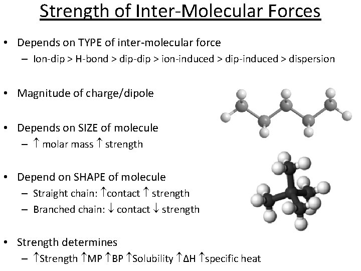 Strength of Inter-Molecular Forces • Depends on TYPE of inter-molecular force – Ion-dip >