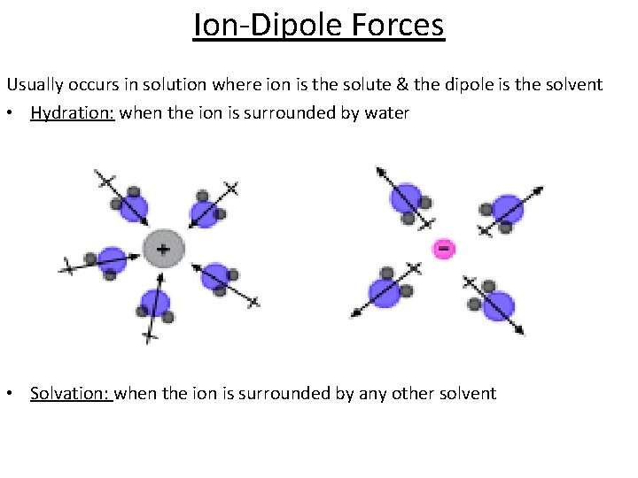Ion-Dipole Forces Usually occurs in solution where ion is the solute & the dipole