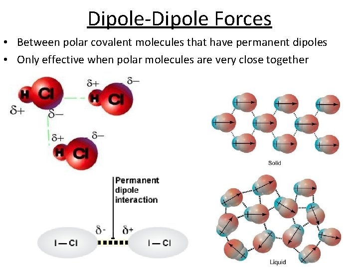 Dipole-Dipole Forces • Between polar covalent molecules that have permanent dipoles • Only effective