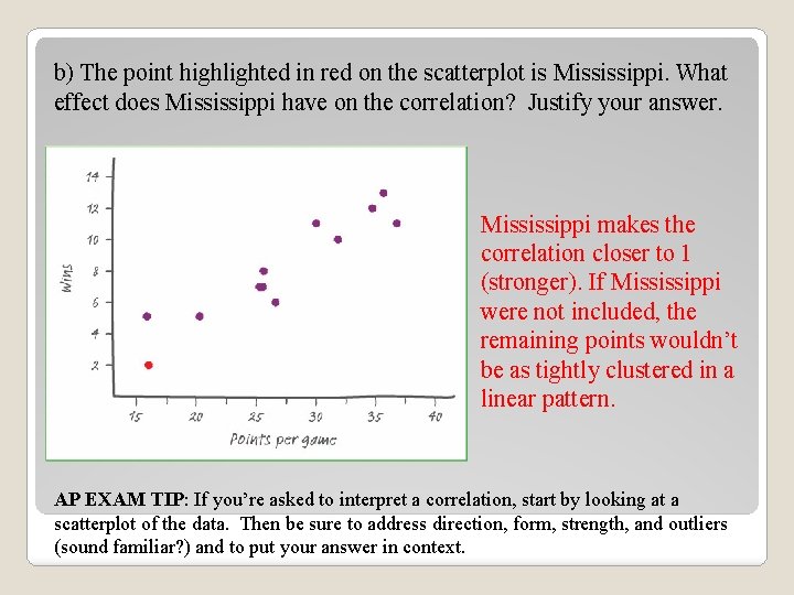 b) The point highlighted in red on the scatterplot is Mississippi. What effect does