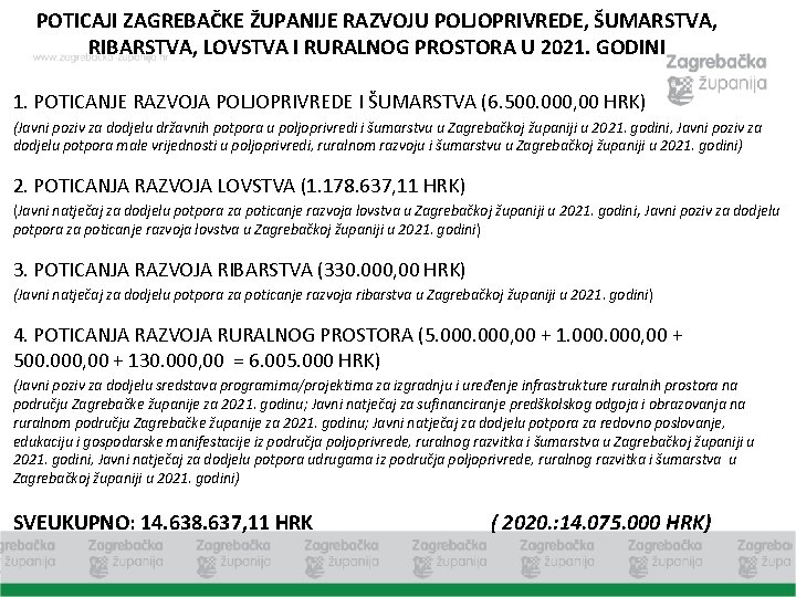 POTICAJI ZAGREBAČKE ŽUPANIJE RAZVOJU POLJOPRIVREDE, ŠUMARSTVA, RIBARSTVA, LOVSTVA I RURALNOG PROSTORA U 2021. GODINI