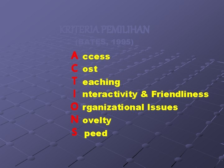 KRITERIA PEMILIHAN (BATES, 1995) A C T I O N S ccess ost eaching