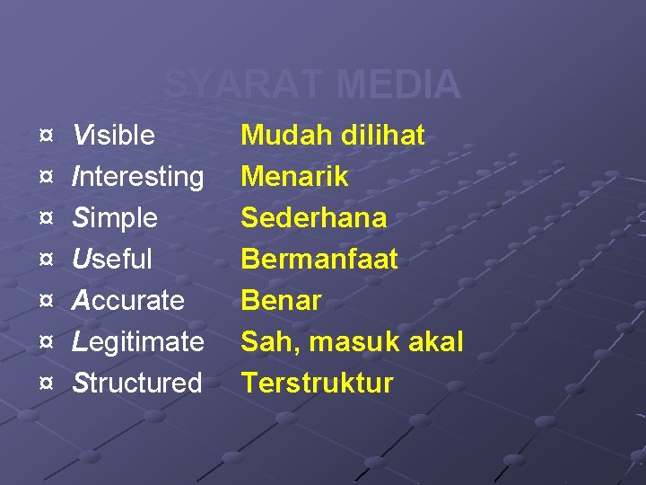 SYARAT MEDIA ¤ ¤ ¤ ¤ Visible Interesting Simple Useful Accurate Legitimate Structured Mudah