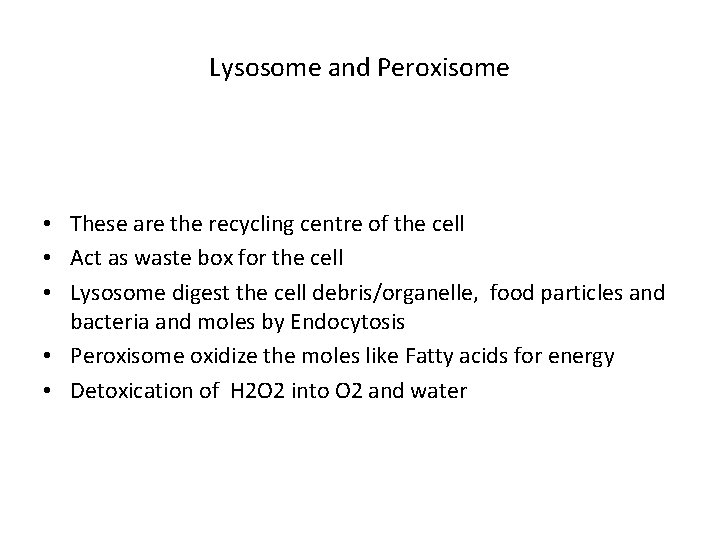 Lysosome and Peroxisome • These are the recycling centre of the cell • Act
