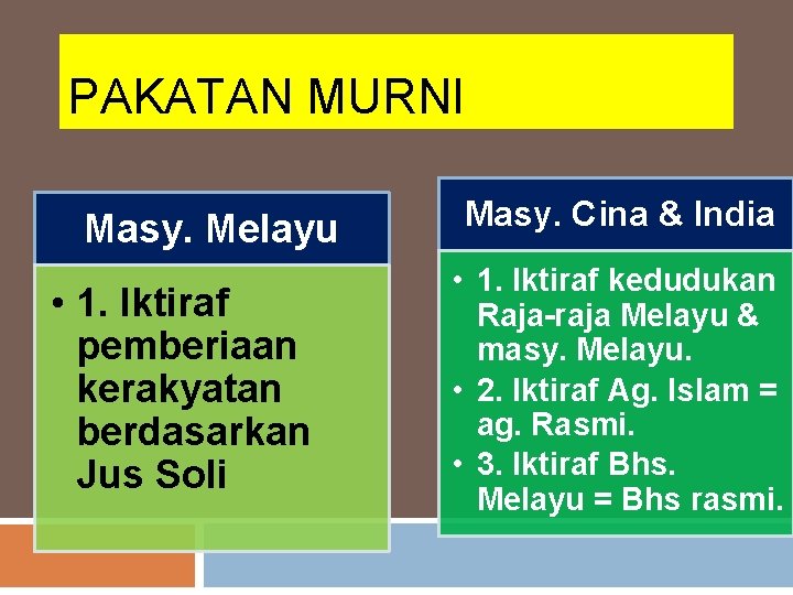 PAKATAN MURNI Masy. Melayu • 1. Iktiraf pemberiaan kerakyatan berdasarkan Jus Soli Masy. Cina