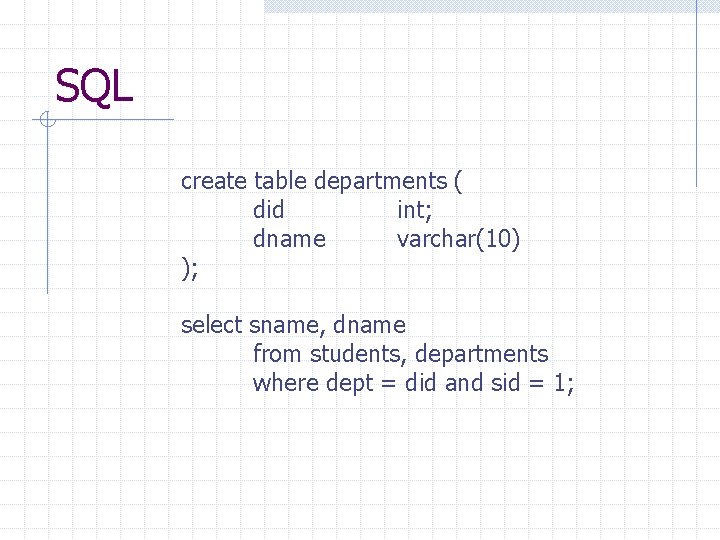 SQL create table departments ( did int; dname varchar(10) ); select sname, dname from