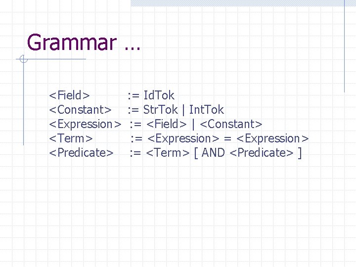 Grammar … <Field> <Constant> <Expression> <Term> <Predicate> : = Id. Tok : = Str.